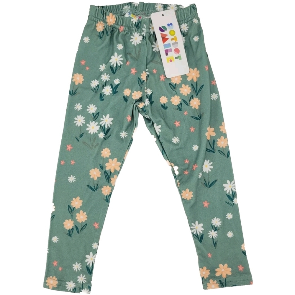 Dot Dot Smile Leggings Size 2T Green Floral Soft Stretch Elastic Waistband NEW